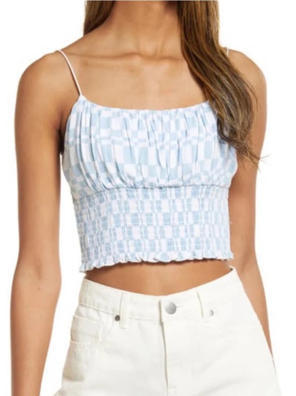 PacSun Light Blue and White Checkered Smocked Top